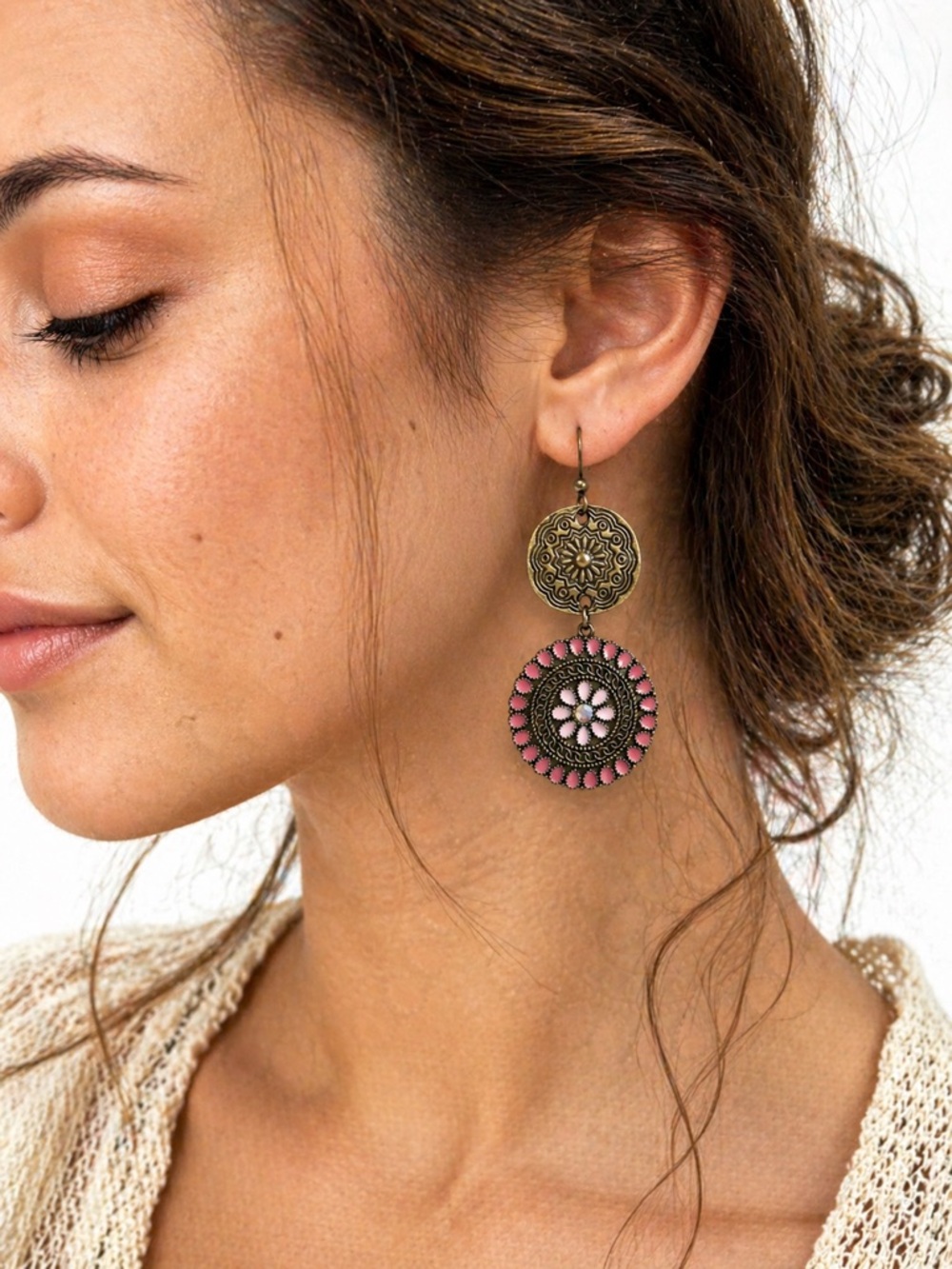 Boho Bronze Pink Medallion Earrings, Floral Dangle, Statement Artisan - Picture 5 of 5